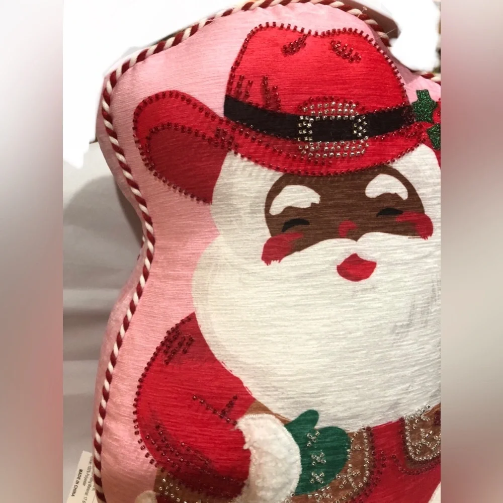 Isaac Mizrahi Christmas embellished festive cowboy western Santa pink pillow new
